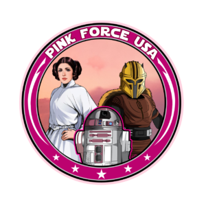 THe Pink force USA Logo, the logo includes Princess Leia, The armorer, and R2-KT